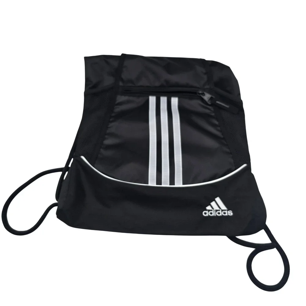 Adidas Black Drawstring Cinch Bag 3-Stripe Sackpack with Front Zip‎ Pocket